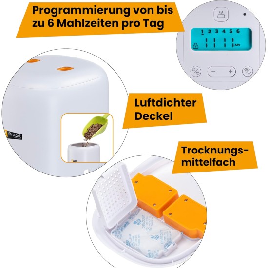 Ferplast Risto PET Automatic Cat Feeder, Programmable, 4 Litre Capacity, Dual Power Supply, 6 Meals, Illuminated Display, Stainless Steel Bowl Included Ferplast Risto PET Automatic Cat Feeder, Programmable, 4 Litre Capacity, Dual Power Supply, 6 Meals, Illuminated Display, Stainless Steel Bowl Included