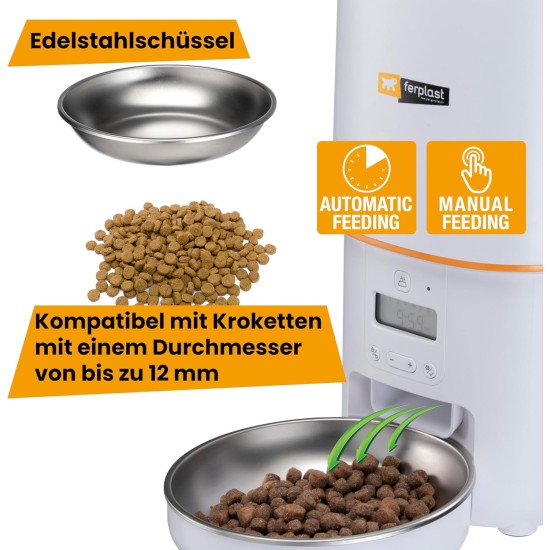 Ferplast Risto PET Automatic Cat Feeder, Programmable, 4 Litre Capacity, Dual Power Supply, 6 Meals, Illuminated Display, Stainless Steel Bowl Included Ferplast Risto PET Automatic Cat Feeder, Programmable, 4 Litre Capacity, Dual Power Supply, 6 Meals, Illuminated Display, Stainless Steel Bowl Included