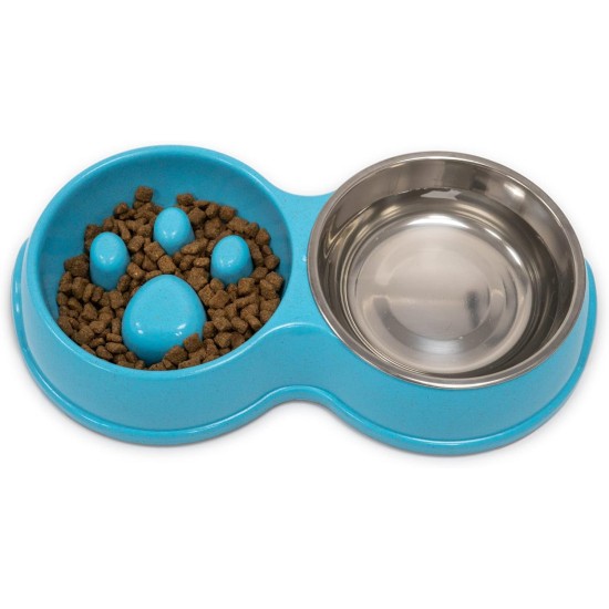 Fur & Bone Double Slow Feeder Dog Bowl Raised Dog Bowl with Non-Slip Base Dog Bowls Dog Water Stainless Steel Bowl Removable Raised Cat (Blue)