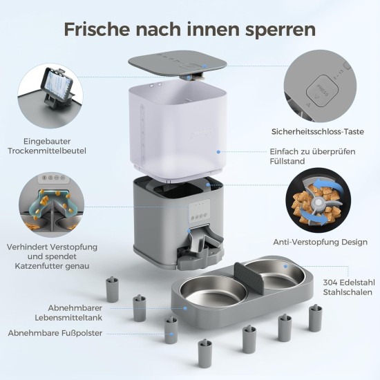 Grandtail 2.4 G WiFi Automatic Cat Food with App Control, 6 L Cat Feeder Includes Desiccant Bag, BPA-Free, 10s Voice Recording, Double Power Supply Grandtail 2.4 G WiFi Automatic Cat Food with App Control, 6 L Cat Feeder Includes Desiccant Bag, BPA-Free, 10s Voice Recording, Double Power Supply