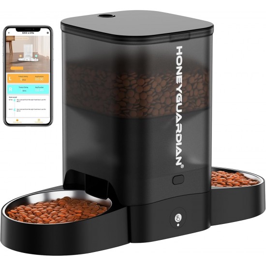 HoneyGuaridan Automatic Cat Feeder 2 Bowls with Motion Sensor, 2.4G WiFi Intelligent Cat Feeder for Remote Feeding, 3.5L Programmable Automatic Feeder for Cats and Dogs