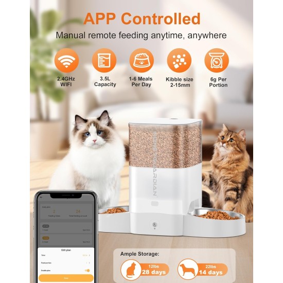 HoneyGuaridan Automatic Cat Feeder 2 Bowls with Motion Sensor, 2.4G WiFi Intelligent Cat Feeder for Remote Feeding, 3.5L Programmable Automatic Feeder for Cats and Dogs HoneyGuaridan Automatic Cat Feeder 2 Bowls with Motion Sensor, 2.4G WiFi Intelligent Cat Feeder for Remote Feeding, 3.5L Programmable Automatic Feeder for Cats and Dogs