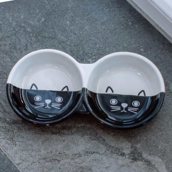 Nobby Cat Ceramic Double Bowl Face Black / White 22 x 11.5 x 3.5 cm Pack of 1 Nobby Cat Ceramic Double Bowl Face Black / White 22 x 11.5 x 3.5 cm Pack of 1