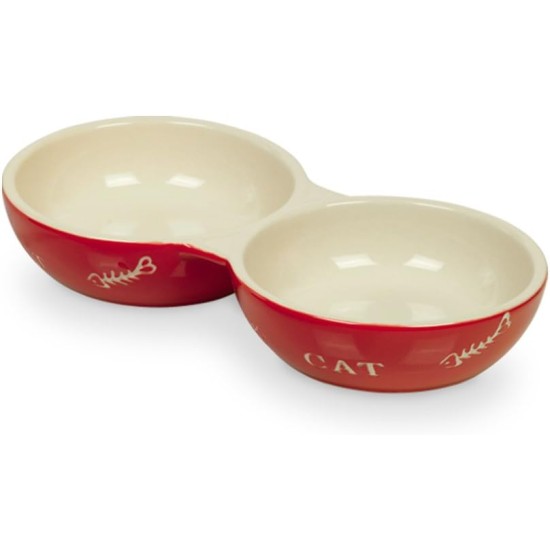 Nobby Ceramic Double Bowl for Cats, 22.0 cm, red-beige