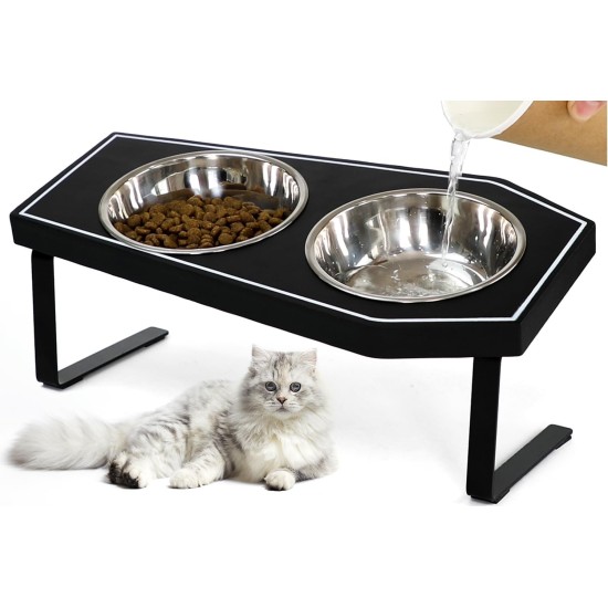 OPELETNNT Cat Food Bowls Elevated, Gothic Cat Bowls Raised Cat Bowls for Indoor Cats with Non-Slip Stand & Bamboo Board, Stainless Steel and Whisker-Friendly Feeding Bowls