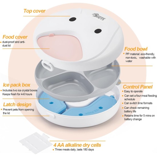 Ownpets Automatic Cat Feeder for Wet/Dry Food, with Programmable Timer, 4 Meals with 2 Ice Packs, Wireless Battery Operated, Protect Paw Design Ownpets Automatic Cat Feeder for Wet/Dry Food, with Programmable Timer, 4 Meals with 2 Ice Packs, Wireless Battery Operated, Protect Paw Design