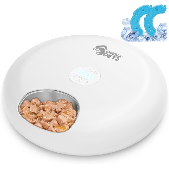 Ownpets Automatic Wet Dry Cat Feeder with Stainless Steel Bowl Inserts, 6 Meals with 2 Ice Packs, Protect Paw Design, White Ownpets Automatic Wet Dry Cat Feeder with Stainless Steel Bowl Inserts, 6 Meals with 2 Ice Packs, Protect Paw Design, White