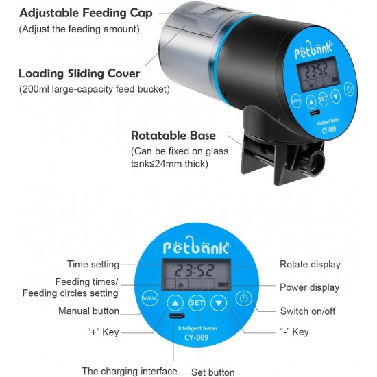 Petbank Automatic Feeder Aquarium Rechargeable Fish Feeder with Timer Feeder for Aquariums with USB Cable LCD Display Fish Feeder for Aquarium Fish Tank Petbank Automatic Feeder Aquarium Rechargeable Fish Feeder with Timer Feeder for Aquariums with USB Cable LCD Display Fish Feeder for Aquarium Fish Tank