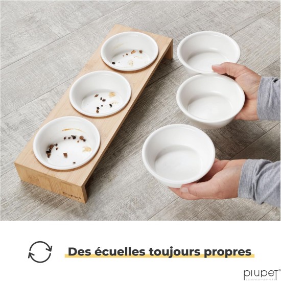 PiuPet Set of 3 Ceramic Cat Bowls with Bamboo Bowl Raiser 250 ml PiuPet Set of 3 Ceramic Cat Bowls with Bamboo Bowl Raiser 250 ml