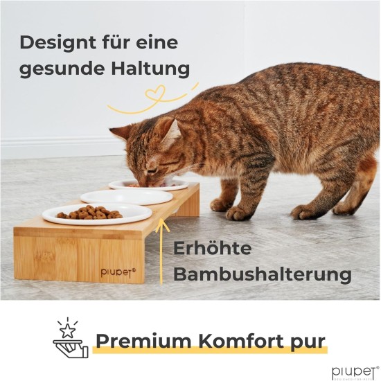 PiuPet Set of 3 Ceramic Cat Bowls with Bamboo Bowl Raiser 250 ml PiuPet Set of 3 Ceramic Cat Bowls with Bamboo Bowl Raiser 250 ml