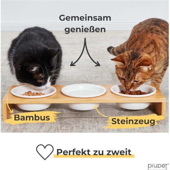 PiuPet Set of 3 Ceramic Cat Bowls with Bamboo Bowl Raiser 250 ml PiuPet Set of 3 Ceramic Cat Bowls with Bamboo Bowl Raiser 250 ml