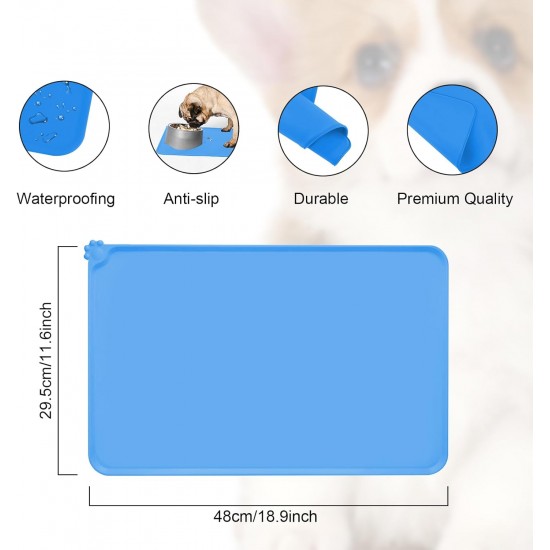 RISVOWO Silicone Bowl Mat, 100% Waterproof Pet Food Mat, Non-Slip Dog Bowl Mat, Silicone Feeding Bowl Mat for Dogs and Cats (Blue, 48 x 30 cm) RISVOWO Silicone Bowl Mat, 100% Waterproof Pet Food Mat, Non-Slip Dog Bowl Mat, Silicone Feeding Bowl Mat for Dogs and Cats (Blue, 48 x 30 cm)