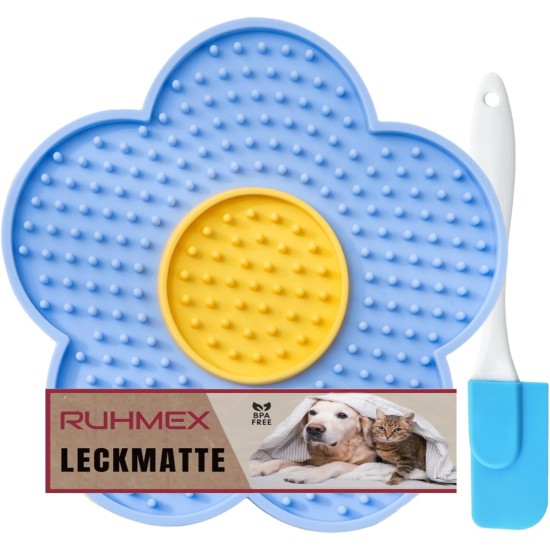 RUHMEX Cat Lick Mat with Silicone Spatula, Flower Shape, Lick Mat for Dogs and Cats, Ideal for Bathing, Grooming (Blue) RUHMEX Cat Lick Mat with Silicone Spatula, Flower Shape, Lick Mat for Dogs and Cats, Ideal for Bathing, Grooming (Blue)