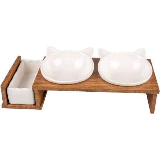 Set of 3 Ceramic Cat Bowls, Stony Up Model, Polywood Stand, 3 Bowls for Eating, Drinking and Catnip, Dishwasher Safe, 250ml + 350ml, White Set of 3 Ceramic Cat Bowls, Stony Up Model, Polywood Stand, 3 Bowls for Eating, Drinking and Catnip, Dishwasher Safe, 250ml + 350ml, White