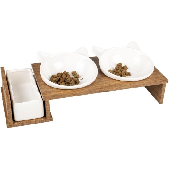 Set of 3 Ceramic Cat Bowls, Stony Up Model, Polywood Stand, 3 Bowls for Eating, Drinking and Catnip, Dishwasher Safe, 250ml + 350ml, White Set of 3 Ceramic Cat Bowls, Stony Up Model, Polywood Stand, 3 Bowls for Eating, Drinking and Catnip, Dishwasher Safe, 250ml + 350ml, White