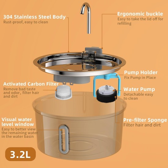 TOMXCUTE Cat Fountain Stainless Steel with Viewing Window, 3.2 L Tap Drinking Fountain for Cats Terriers, Cat Drinking Fountain Dishwasher Safe, Quiet Pump, Double Filter, Hygienic TOMXCUTE Cat Fountain Stainless Steel with Viewing Window, 3.2 L Tap Drinking Fountain for Cats Terriers, Cat Drinking Fountain Dishwasher Safe, Quiet Pump, Double Filter, Hygienic