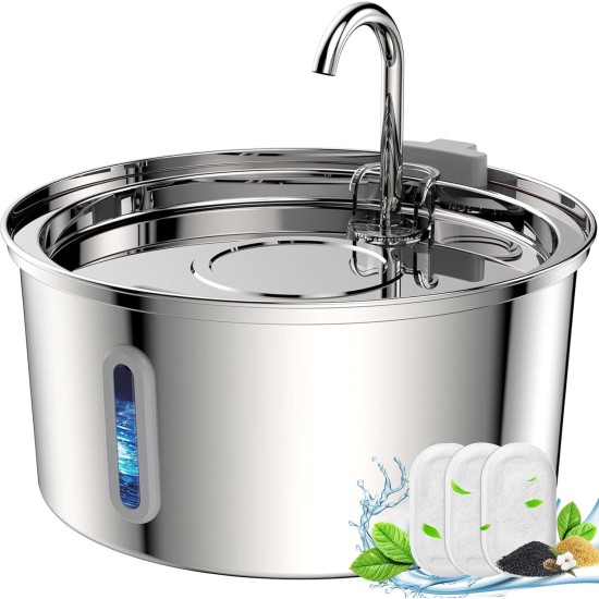 Tomxcute Stainless Steel Drinking Fountain for Cats 3.2 L, Cat Drinking Fountain for Dogs with Water Level Window - with a Set of Filters for Multi-Cat Household and Dogs Tomxcute Stainless Steel Drinking Fountain for Cats 3.2 L, Cat Drinking Fountain for Dogs with Water Level Window - with a Set of Filters for Multi-Cat Household and Dogs