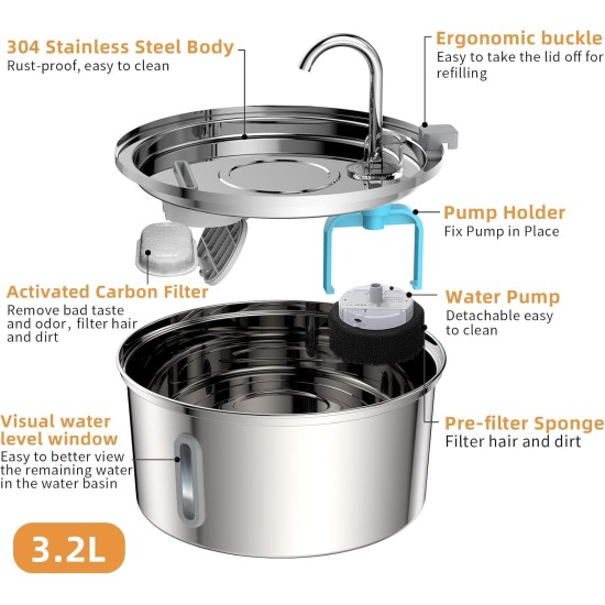 Tomxcute Stainless Steel Drinking Fountain for Cats 3.2 L, Cat Drinking Fountain for Dogs with Water Level Window - with a Set of Filters for Multi-Cat Household and Dogs Tomxcute Stainless Steel Drinking Fountain for Cats 3.2 L, Cat Drinking Fountain for Dogs with Water Level Window - with a Set of Filters for Multi-Cat Household and Dogs