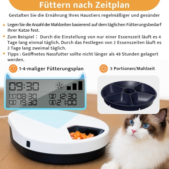 UBPET Automatic Cat Feeder Wet Food with Cooling, Semiconductor Cold Technology, Timing Function, Automatic Feeder Cat, 5 Food Compartments for 330 g Pet Food, Premium Plates, Washable, for Cats + UBPET Automatic Cat Feeder Wet Food with Cooling, Semiconductor Cold Technology, Timing Function, Automatic Feeder Cat, 5 Food Compartments for 330 g Pet Food, Premium Plates, Washable, for Cats +
