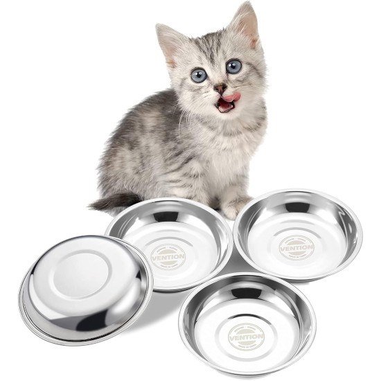 VENTION Small Flat Feeding Bowls for Cats, Outer Diameter Cat Bowl with Whiskers, 14.5 cm, Stainless Steel Cat Bowl for Indoor Cats, Set of 4 Replacement Cat Bowls for Raised Station (320ml)