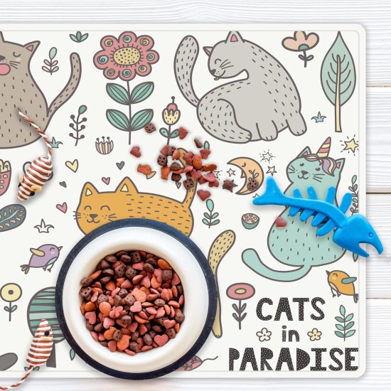 VINILIKO, Waterproof Pet Bowl Mat for Cats in Paradise 48 x 75 cm VINILIKO, Waterproof Pet Bowl Mat for Cats in Paradise 48 x 75 cm