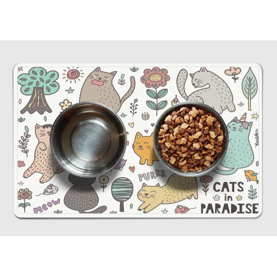 VINILIKO, Waterproof Pet Bowl Mat for Cats in Paradise 48 x 75 cm VINILIKO, Waterproof Pet Bowl Mat for Cats in Paradise 48 x 75 cm