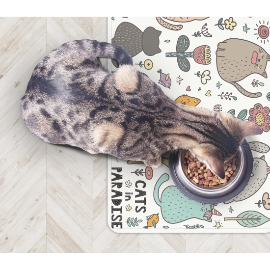VINILIKO, Waterproof Pet Bowl Mat for Cats in Paradise 48 x 75 cm VINILIKO, Waterproof Pet Bowl Mat for Cats in Paradise 48 x 75 cm