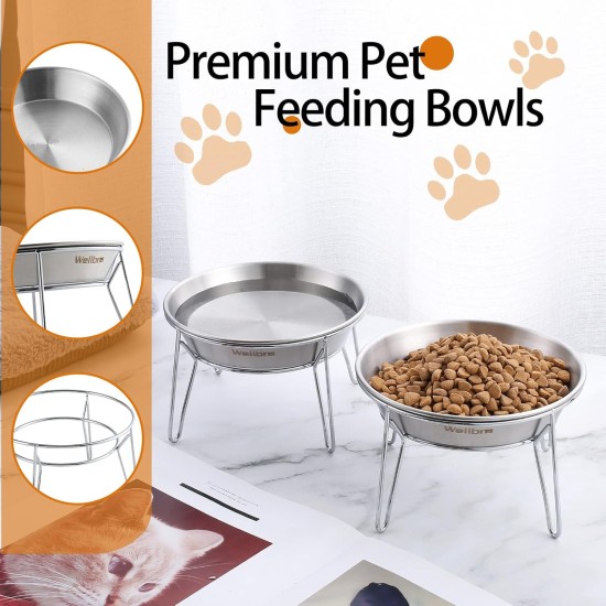 Wellbro Elevated Cat Bowls, Wide Stainless Steel Cat Food Bowls with Metal Stand, Whiskers, Stress Free, Elevated Food and Water Bowl for Cats, Kittens, Puppies and Small Dogs, Pack of 2 Wellbro Elevated Cat Bowls, Wide Stainless Steel Cat Food Bowls with Metal Stand, Whiskers, Stress Free, Elevated Food and Water Bowl for Cats, Kittens, Puppies and Small Dogs, Pack of 2