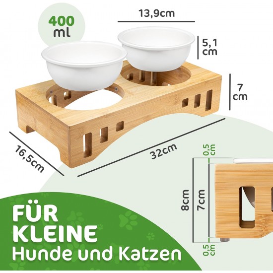 giriniwee Quality Food Bar with Two 400 ml Porcelain Bowls in Bamboo Frame, Raised Double Bowl for Cats, Kittens, Small Dogs, Puppies and Other Small Pets giriniwee Quality Food Bar with Two 400 ml Porcelain Bowls in Bamboo Frame, Raised Double Bowl for Cats, Kittens, Small Dogs, Puppies and Other Small Pets