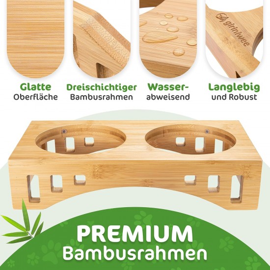 giriniwee Quality Food Bar with Two 400 ml Porcelain Bowls in Bamboo Frame, Raised Double Bowl for Cats, Kittens, Small Dogs, Puppies and Other Small Pets giriniwee Quality Food Bar with Two 400 ml Porcelain Bowls in Bamboo Frame, Raised Double Bowl for Cats, Kittens, Small Dogs, Puppies and Other Small Pets