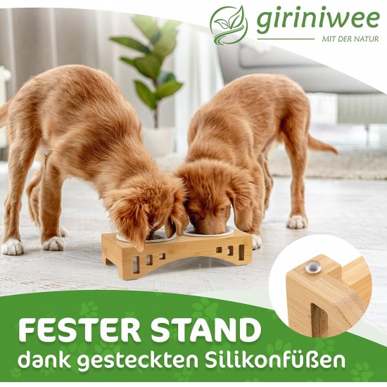 giriniwee Quality Food Bar with Two 400 ml Porcelain Bowls in Bamboo Frame, Raised Double Bowl for Cats, Kittens, Small Dogs, Puppies and Other Small Pets giriniwee Quality Food Bar with Two 400 ml Porcelain Bowls in Bamboo Frame, Raised Double Bowl for Cats, Kittens, Small Dogs, Puppies and Other Small Pets