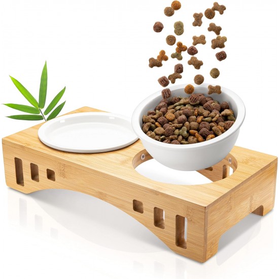 giriniwee Quality Food Bar with Two 400 ml Porcelain Bowls in Bamboo Frame, Raised Double Bowl for Cats, Kittens, Small Dogs, Puppies and Other Small Pets giriniwee Quality Food Bar with Two 400 ml Porcelain Bowls in Bamboo Frame, Raised Double Bowl for Cats, Kittens, Small Dogs, Puppies and Other Small Pets