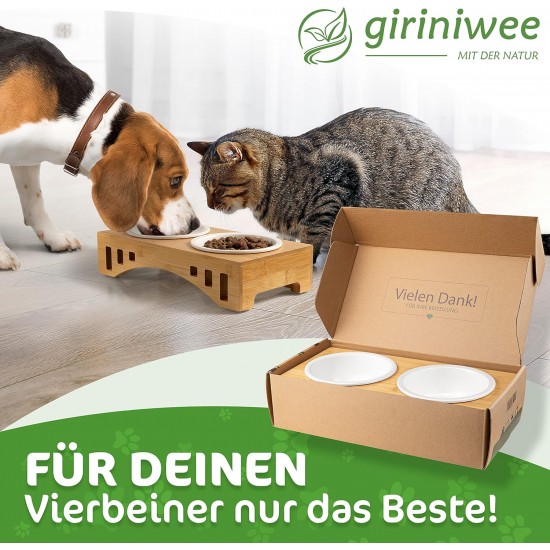 giriniwee Quality Food Bar with Two 400 ml Porcelain Bowls in Bamboo Frame, Raised Double Bowl for Cats, Kittens, Small Dogs, Puppies and Other Small Pets giriniwee Quality Food Bar with Two 400 ml Porcelain Bowls in Bamboo Frame, Raised Double Bowl for Cats, Kittens, Small Dogs, Puppies and Other Small Pets