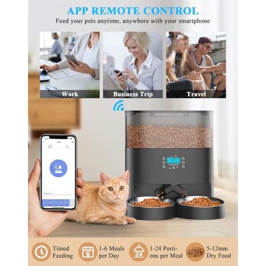 honeyguaridan Automatic Feeder 2 Cats with App, 6L WiFi Cat Food Automatic with 2 Bowls, Time-Controlled, 10s Voice Recording, up to 6 Meals a Day - for Cats and Dogs (Black) honeyguaridan Automatic Feeder 2 Cats with App, 6L WiFi Cat Food Automatic with 2 Bowls, Time-Controlled, 10s Voice Recording, up to 6 Meals a Day - for Cats and Dogs (Black)