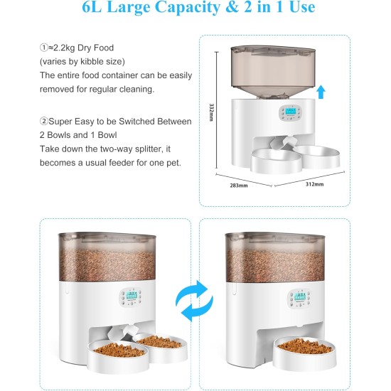 honeyguaridan Automatic Feeder 2 Cats with App, 6L WiFi Cat Food Automatic with 2 Bowls, Time-Controlled, 10s Voice Recording, up to 6 Meals a Day - for Cats and Dogs (Black) honeyguaridan Automatic Feeder 2 Cats with App, 6L WiFi Cat Food Automatic with 2 Bowls, Time-Controlled, 10s Voice Recording, up to 6 Meals a Day - for Cats and Dogs (Black)