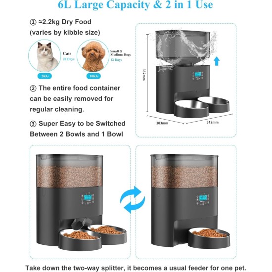 honeyguaridan Automatic Feeder 2 Cats with App, 6L WiFi Cat Food Automatic with 2 Bowls, Time-Controlled, 10s Voice Recording, up to 6 Meals a Day - for Cats and Dogs (Black) honeyguaridan Automatic Feeder 2 Cats with App, 6L WiFi Cat Food Automatic with 2 Bowls, Time-Controlled, 10s Voice Recording, up to 6 Meals a Day - for Cats and Dogs (Black)