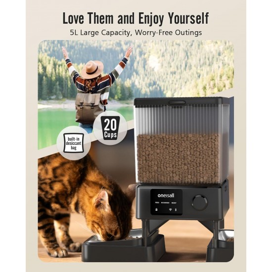 oneisall 5L Automatic Cat Feeder 2 Bowls, Cat Food Automatic with One Button, Easy to Use, Feeder for Cats/Dogs, with Stainless Steel Bowl, Voice Recorder, for Small/Medium Pets oneisall 5L Automatic Cat Feeder 2 Bowls, Cat Food Automatic with One Button, Easy to Use, Feeder for Cats/Dogs, with Stainless Steel Bowl, Voice Recorder, for Small/Medium Pets