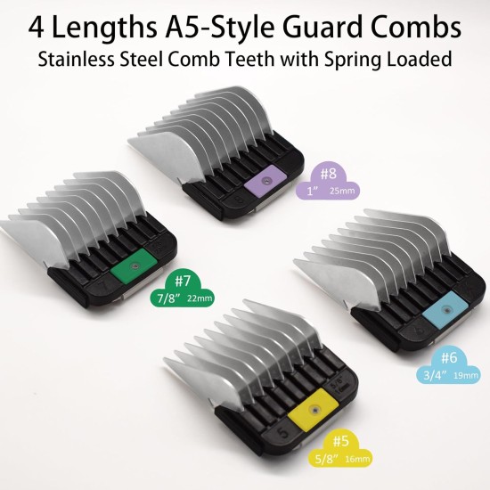 4 Pieces Animal Stainless Steel Attachment Guide Guard Combs for A5 Style Detachable Blade Pet Groomer 5/8" 3/4" 7/8" Compatible with Wahl KM Series Andis AG BG Oster A5 A6 Pet Clipper 4 Pieces Animal Stainless Steel Attachment Guide Guard Combs for A5 Style Detachable Blade Pet Groomer 5/8" 3/4" 7/8" Compatible with Wahl KM Series Andis AG BG Oster A5 A6 Pet Clipper