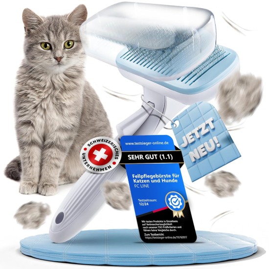 Cat Brush [with Cover] - Grooming Brush for Long & Short Hair Cats, Removes Loose Hair & Tangles from Your Cat [Auto-Clean System] Fur Brush Cat Accessories, Indoor Cat Brush | FC Line