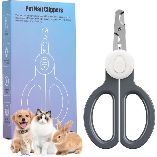 Euqvunn Cat Claw Scissors, Professional Rabbit Claw Scissors with Double Edge and LED Lighting, for Kittens, Rabbits, Guinea Pigs, Puppies, Medium and Small Animals (Grey White) Euqvunn Cat Claw Scissors, Professional Rabbit Claw Scissors with Double Edge and LED Lighting, for Kittens, Rabbits, Guinea Pigs, Puppies, Medium and Small Animals (Grey White)