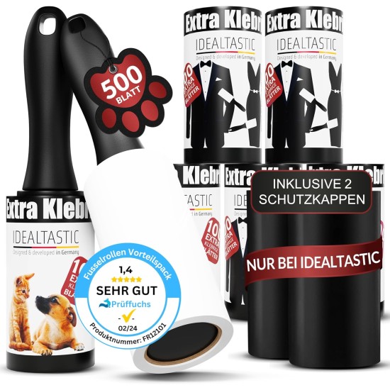 IDEALTASTIC® Lint Roller Pet Hair & Clothes in Value Pack with 2 x Handles and 5 x 100 Sheets I Lint Remover Clothing Extra Sticky I Pet Hair Remover Easy to Change I Lint Brush + Dust Cover
