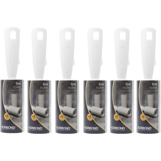 KORBOND Lint Roller, 6 Dispensers & 6 Lint Rollers with 49 Sheets Each, Removes Pet Hair, Lint and Dust from Clothes, Furniture and Carpets, 44.4 m, 294 Diagonally Perforated Sheets KORBOND Lint Roller, 6 Dispensers & 6 Lint Rollers with 49 Sheets Each, Removes Pet Hair, Lint and Dust from Clothes, Furniture and Carpets, 44.4 m, 294 Diagonally Perforated Sheets