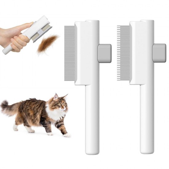 Marchul 2-Piece Cat Comb Dog Combs Set, Flea Comb for Cats and Dogs, Self-Cleaning Cat Grooming Brush with Release Button and Stainless Steel Metal Round Teeth for Removal, White