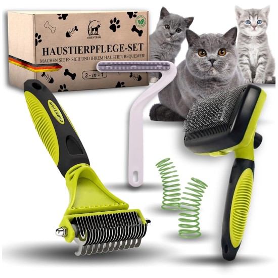 ORIENTPAW® Professional Cat Brush Set of 3 - Cat Care Set - 100% Comfort & Hygiene Thanks to Rounded Massage Bristles - Self-Cleaning Cat Fur Brush for Short Hair & Long Hair - Undercoat Brush Cats