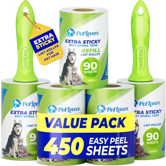 PetLovers Extra Sticky Lint Roller Mega Value Set 450 Sheets for Pet Hair Removal, Lint Remover Dog and Cat, 5 Pieces, Green PetLovers Extra Sticky Lint Roller Mega Value Set 450 Sheets for Pet Hair Removal, Lint Remover Dog and Cat, 5 Pieces, Green