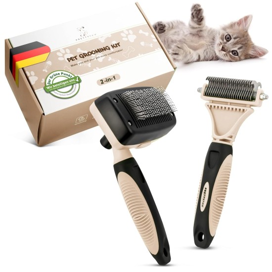Pretty Paw ® Professional Cat Brush Set, Cat Care Set, 100% Hygiene & Comfort Thanks to Rounded Massage Bristles, Brush for Optimal Short and Long Hair, Undercoat Brush