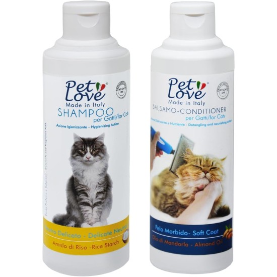 Shampoo and Conditioner for Cats with Nourishing and Hygienic Effect, Detangling for a Soft and Radiant Coat - Neutral Formula Without Perfume and Dyes - Set of 2 x 250 ml Pet Love