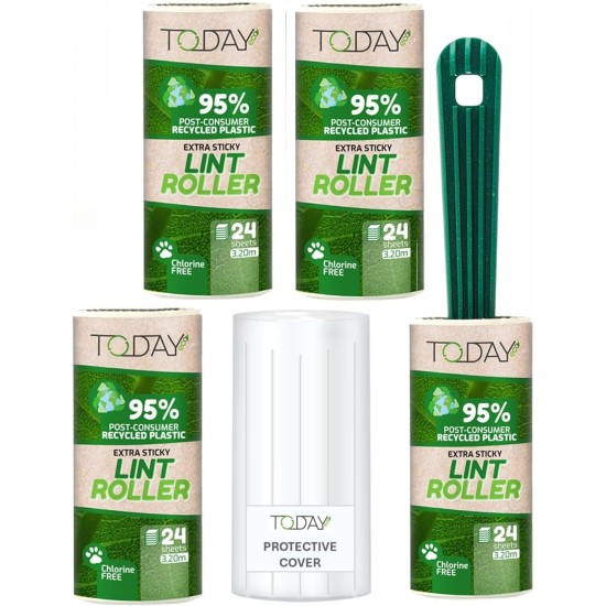 Today Eco Lint Roller 4 Rolls with 1 Dispenser + Lid, 95% Recycled Material - 24 Layers Lint Roller Pet Hair Easy Peel Suitable for Hair, Dust and Clothes Today Eco Lint Roller 4 Rolls with 1 Dispenser + Lid, 95% Recycled Material - 24 Layers Lint Roller Pet Hair Easy Peel Suitable for Hair, Dust and Clothes