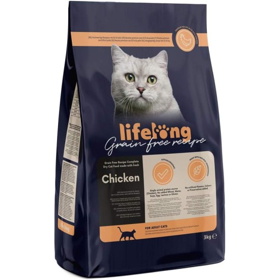 Amazon Brand - Lifelong - Cat Food for Adult Cats, Fine Prepared Dry Food with Fresh Chicken, Grain-Free Formula, 3 kg (1-Pack) Amazon Brand - Lifelong - Cat Food for Adult Cats, Fine Prepared Dry Food with Fresh Chicken, Grain-Free Formula, 3 kg (1-Pack)