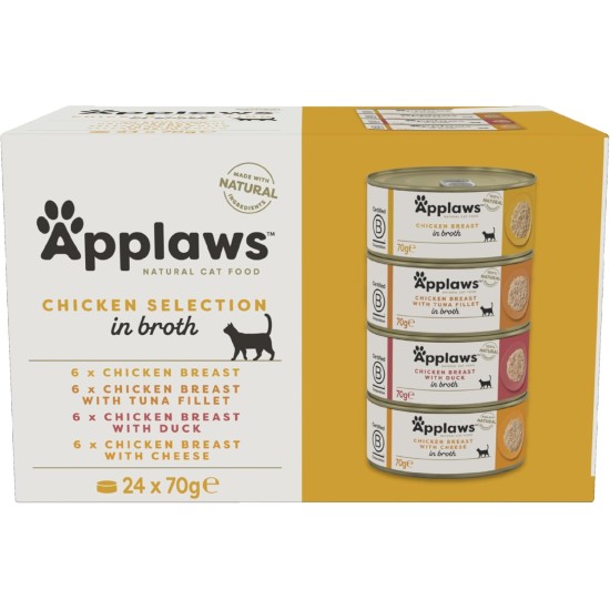 Applaws 100% Natural Premium Wet Food for Cats, Chicken Selection Multipack in Broth - Pack of 24 x 70g Cans Applaws 100% Natural Premium Wet Food for Cats, Chicken Selection Multipack in Broth - Pack of 24 x 70g Cans